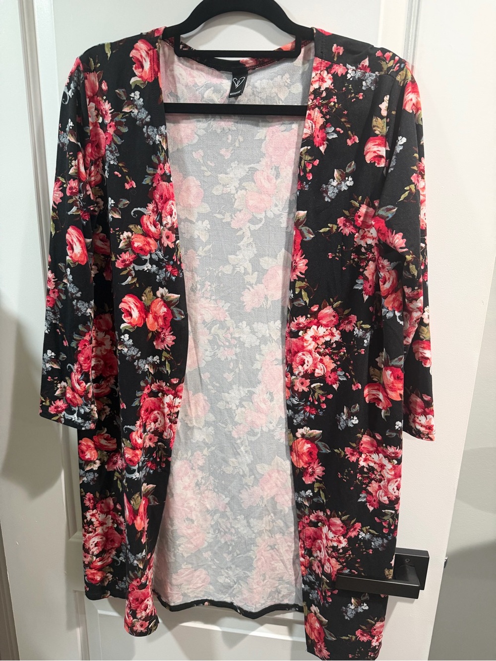 Windsor Black Floral Open Cardigan with Pink & Red Roses